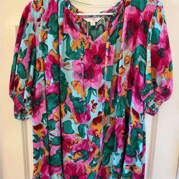 Terra & Sky Tops - Floral Blouse - Pink, Green, Blue
